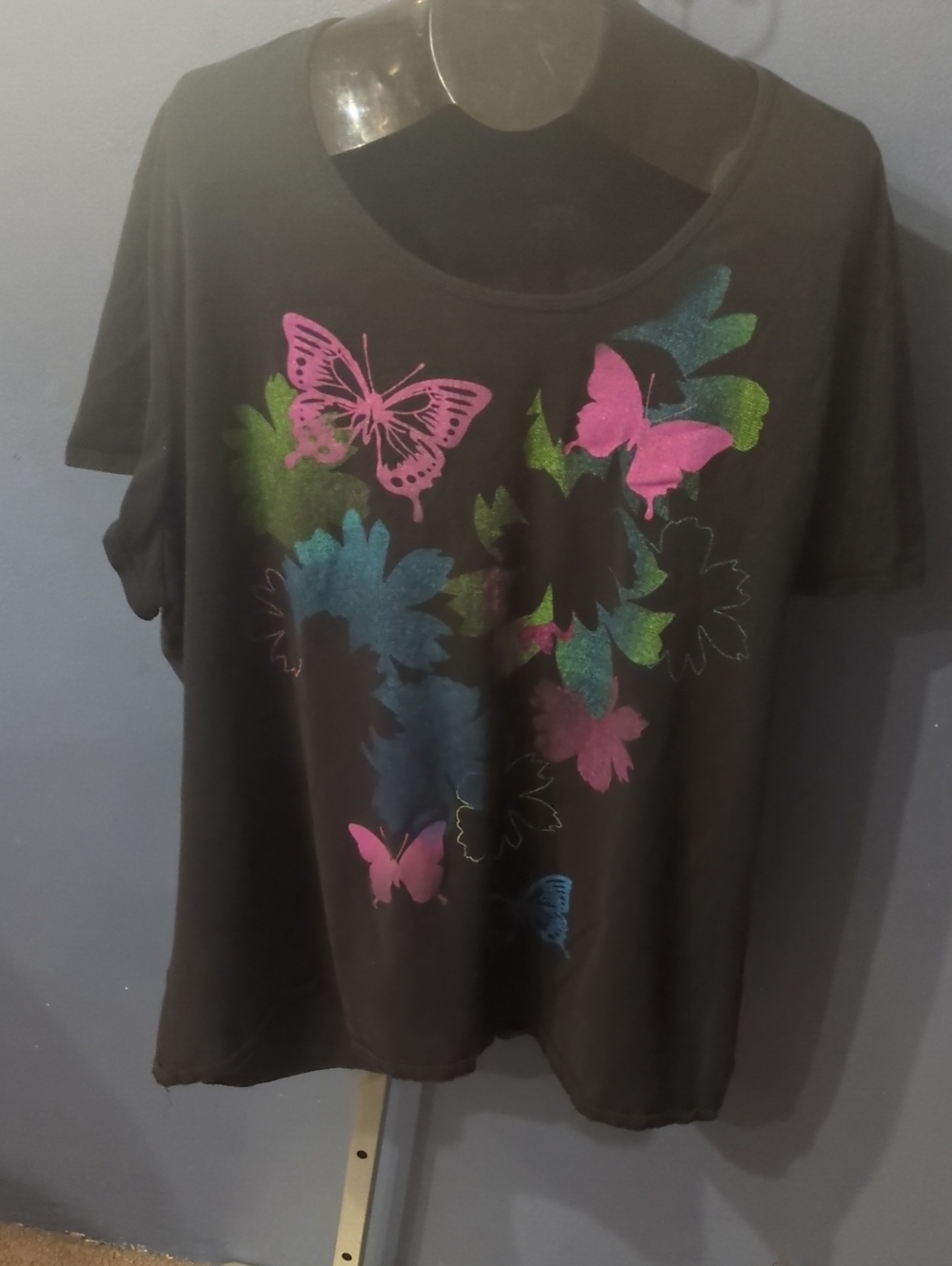 Just My Size 5X Black Short-Sleeve Tee with Pink, Blue & Green Butterfly Print